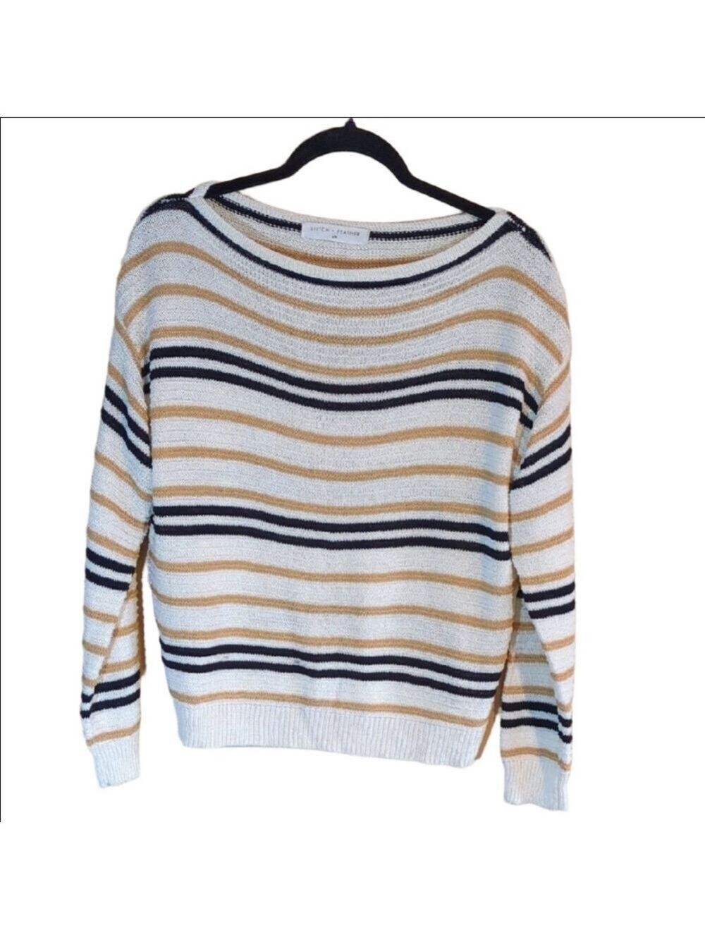 Cream and Black Crew Neck Striped‎ Sweater, Small/ Medium